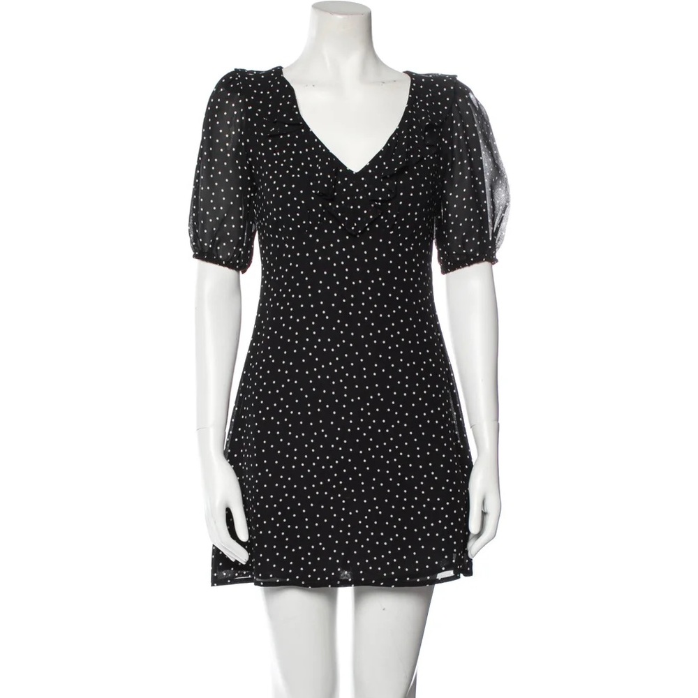 Reformation Black& White Polka Dot Mini Dress. Ruffle v-neck, puff sleeve